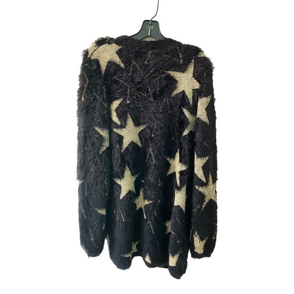 Stella + Lorenzo Jacquard Cardigan Sweater Women's L Black Long Sleeve Faux Fur - Picture 2 of 7